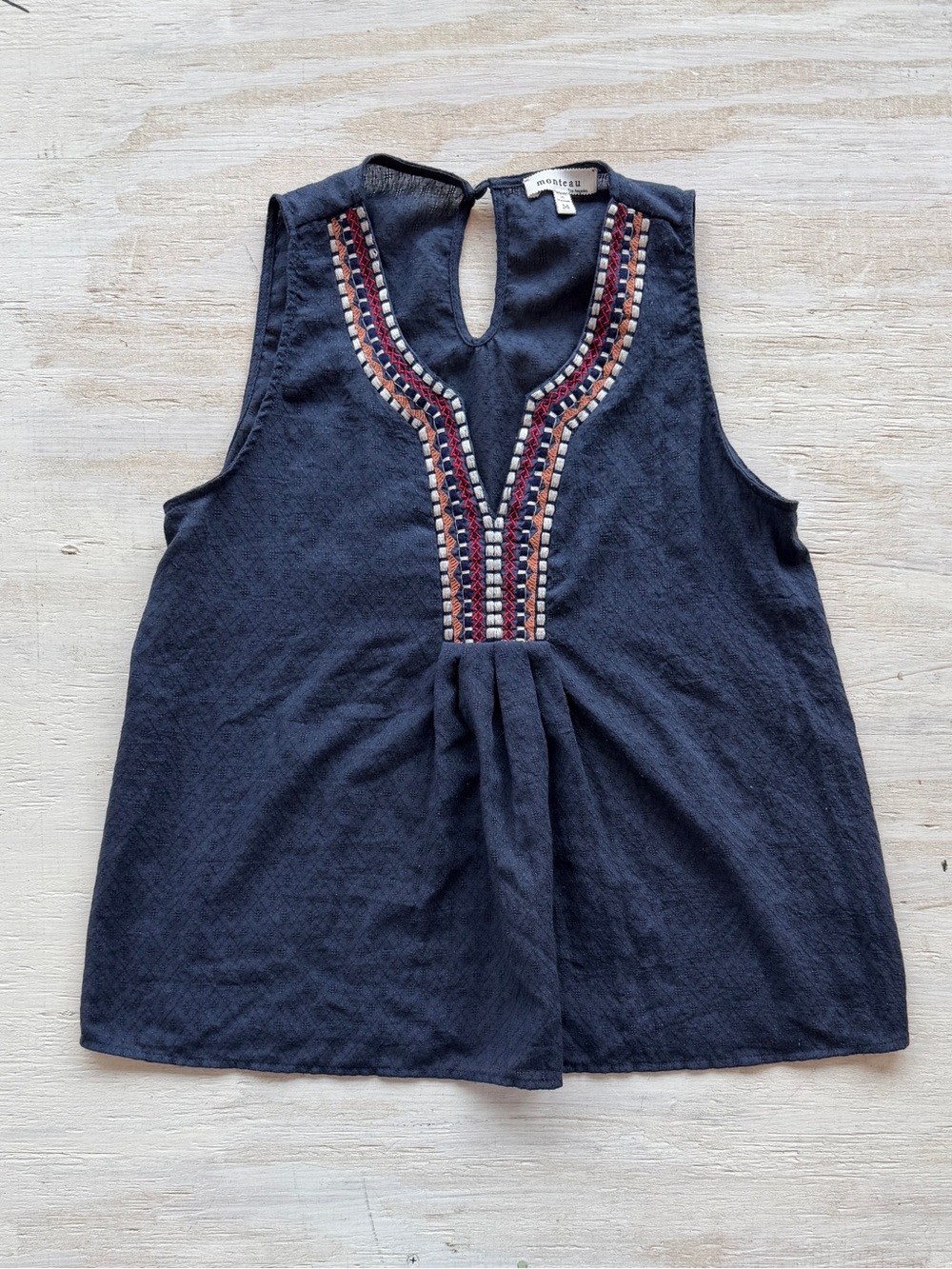 Monteau Navy Sleeveless Embroidered Neckline Tank top